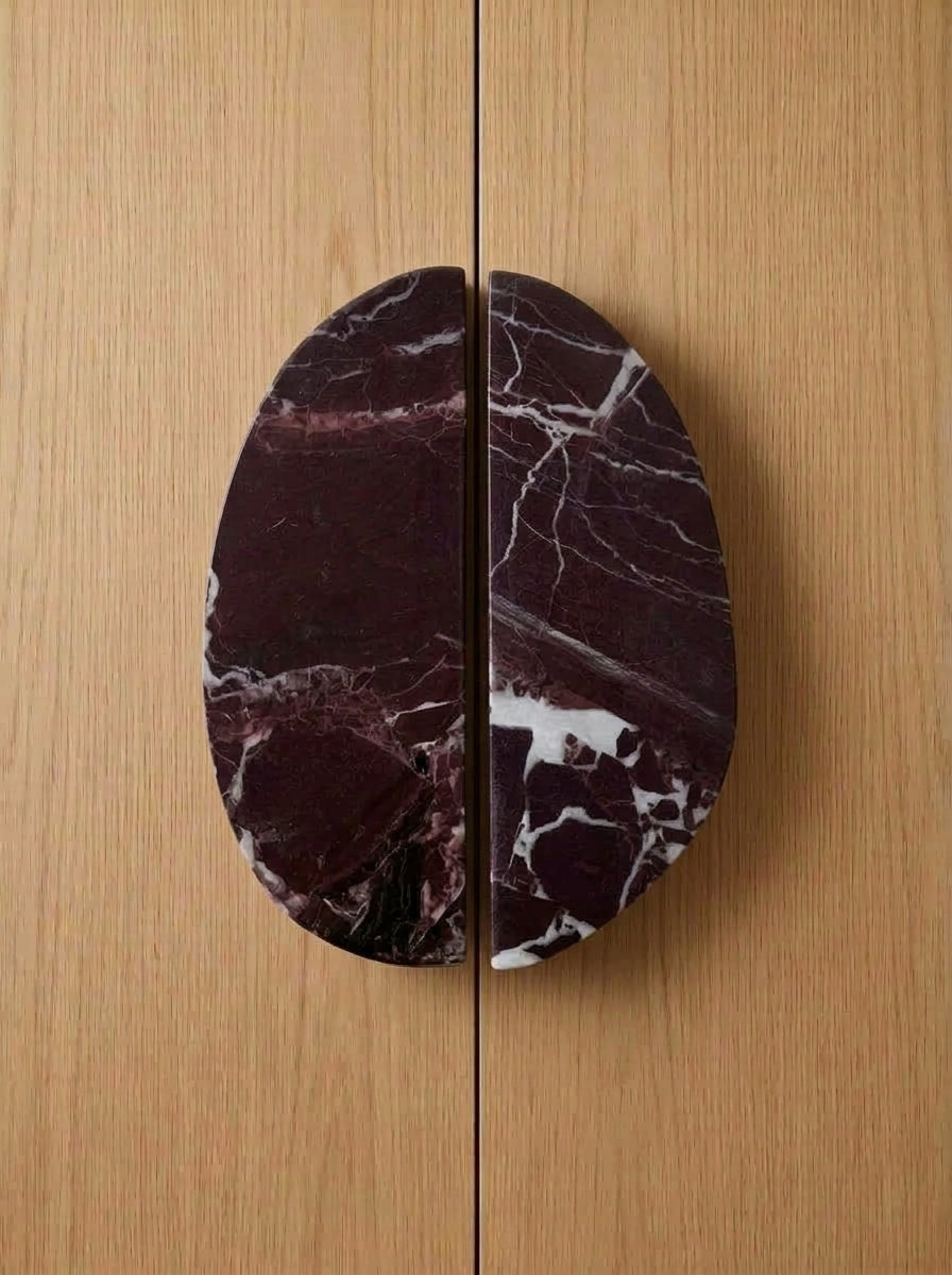 Yukixstone Rosso Levanto split pebble stone door pull - hand-carved natural marble oval cabinet handle pair for wardrobes and cabinets
