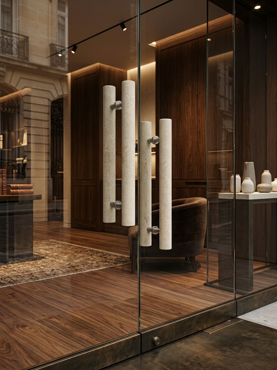 Travertine stone door pulls mounted back-to-back on a glass storefront door