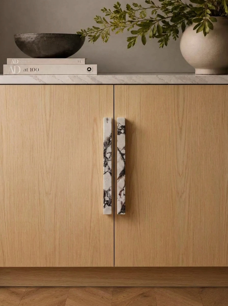 Yukixstone Viola Bar Stone Door Pull - slim rectangular split pull hand-carved in Calacatta Viola marble with wine-red veining, sold as a pair for wardrobes and double doors