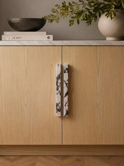 Yukixstone Viola Bar Stone Door Pull - slim rectangular split pull hand-carved in Calacatta Viola marble with wine-red veining, sold as a pair for wardrobes and double doors