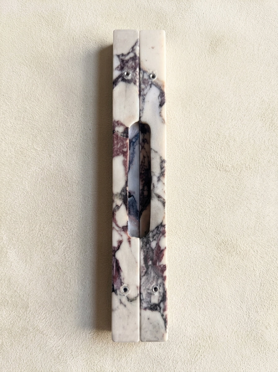 Yukixstone Viola Bar Stone Door Pull - pair of slim Calacatta Viola marble bars mounted on light oak double doors, one bar per door
