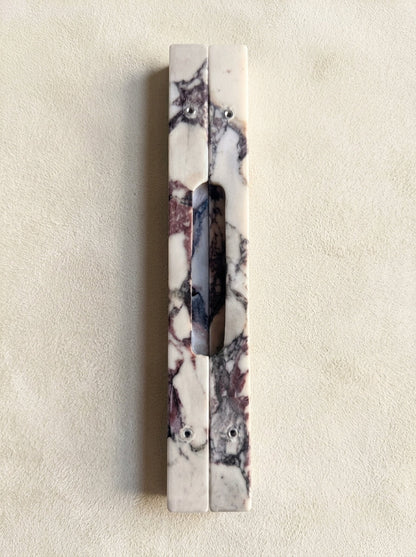 Yukixstone Viola Bar Stone Door Pull - pair of slim Calacatta Viola marble bars mounted on light oak double doors, one bar per door