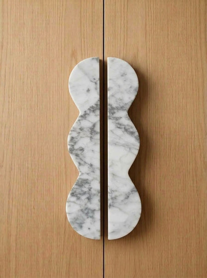 Yukixstone Bianco Carrara natural stone wave pull - hand-carved sculptural split marble cabinet handle for wardrobe and tall cabinet doors