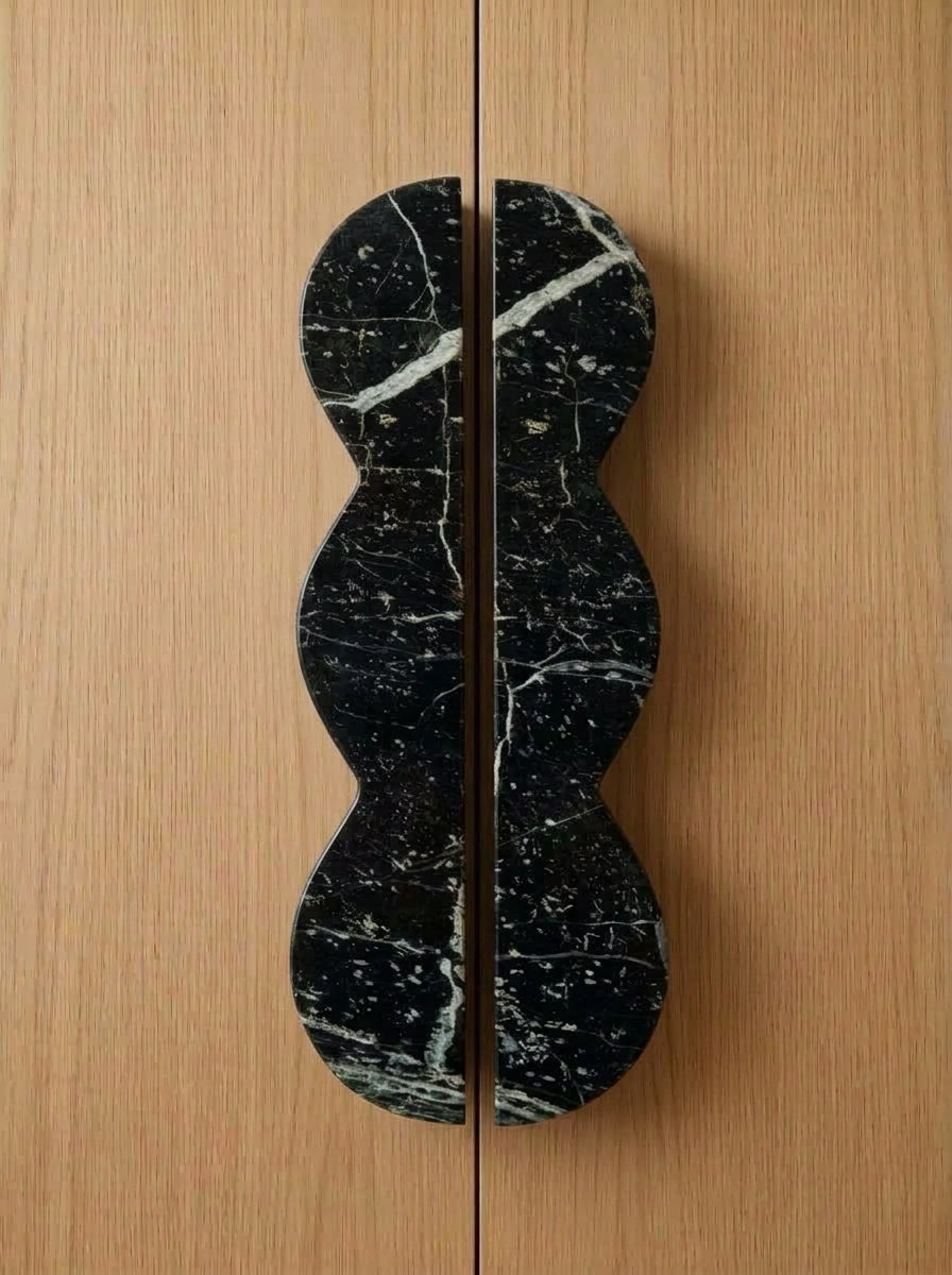 Yukixstone Black Forest natural stone wave pull - hand-carved sculptural split marble cabinet handle for wardrobe and tall cabinet doors