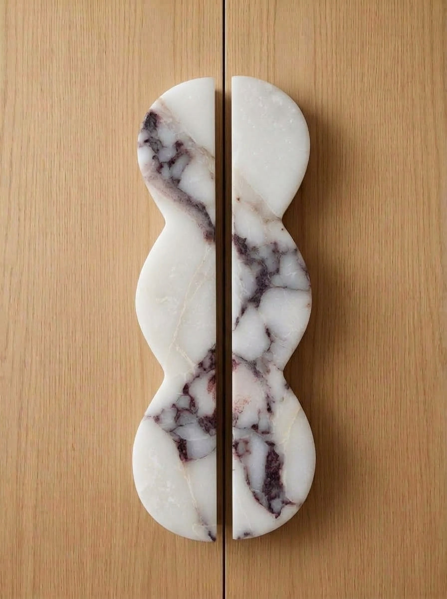 Yukixstone Calacatta Viola natural stone wave pull - hand-carved sculptural split marble cabinet handle for wardrobe and tall cabinet doors