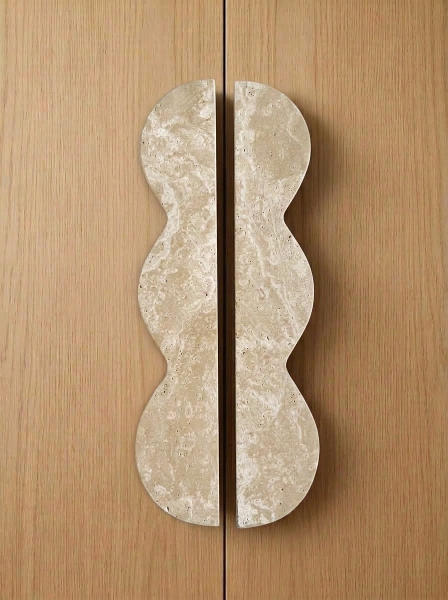 Yukixstone Classic Travertine natural stone wave pull - hand-carved sculptural split marble cabinet handle for wardrobe and tall cabinet doors
