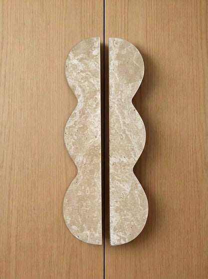 Yukixstone Classic Travertine natural stone wave pull - hand-carved sculptural split marble cabinet handle for wardrobe and tall cabinet doors