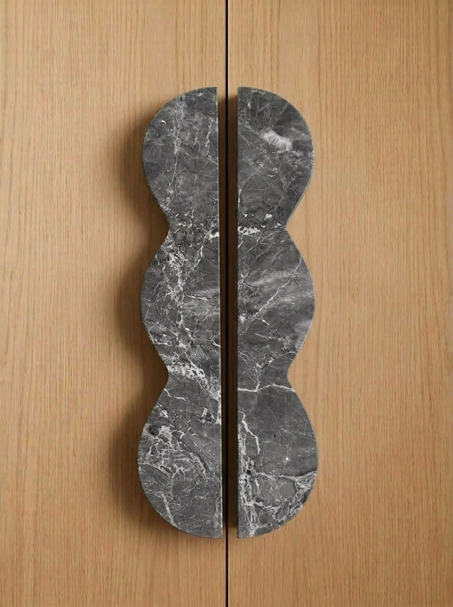 Yukixstone Grigio Carnico natural stone wave pull - hand-carved sculptural split marble cabinet handle for wardrobe and tall cabinet doors