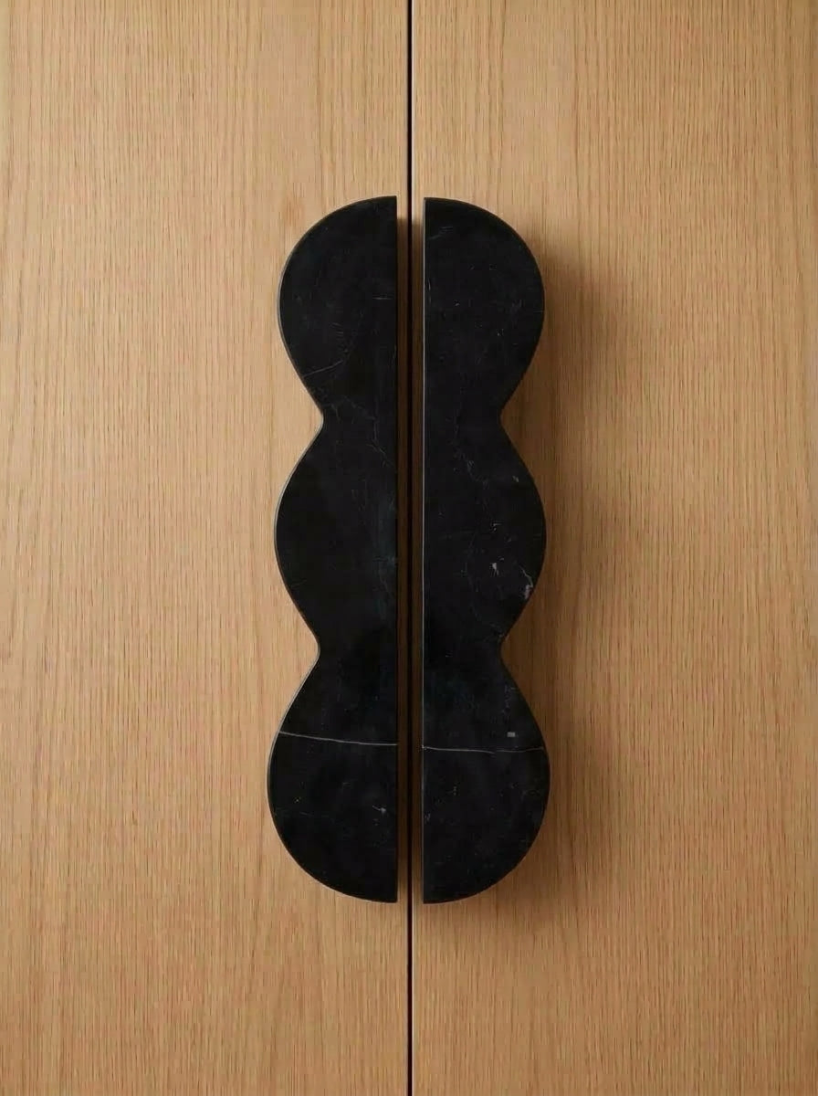 Yukixstone Nero Marquina natural stone wave pull - hand-carved sculptural split marble cabinet handle for wardrobe and tall cabinet doors