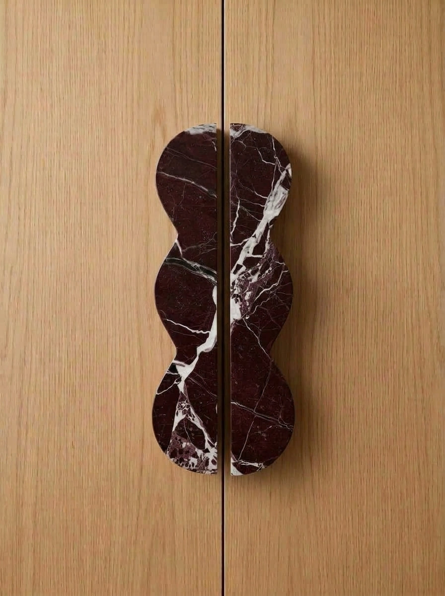 Yukixstone Rosso Levanto natural stone wave pull - hand-carved sculptural split marble cabinet handle for wardrobe and tall cabinet doors