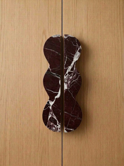 Yukixstone Rosso Levanto natural stone wave pull - hand-carved sculptural split marble cabinet handle for wardrobe and tall cabinet doors