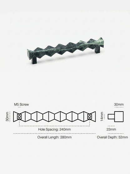 Yukixstone Zigzag Stone Pull in Verde Alpi - hand-carved faceted bar pull for cabinet doors