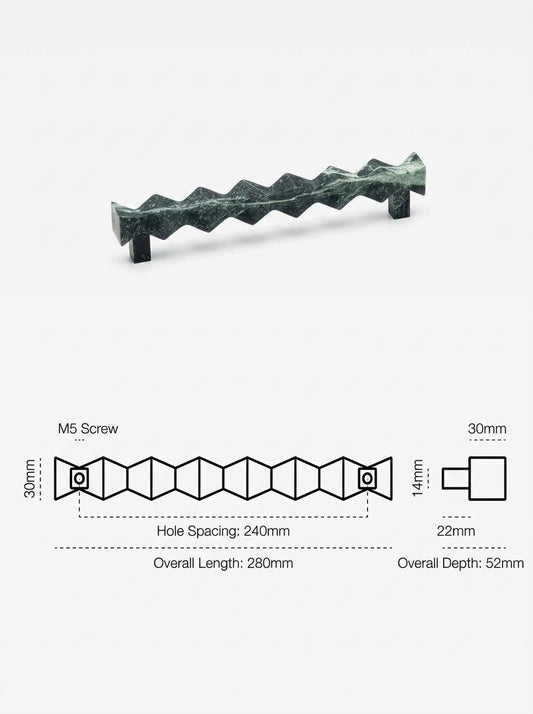 Yukixstone Zigzag Stone Pull in Verde Alpi - hand-carved faceted bar pull for cabinet doors